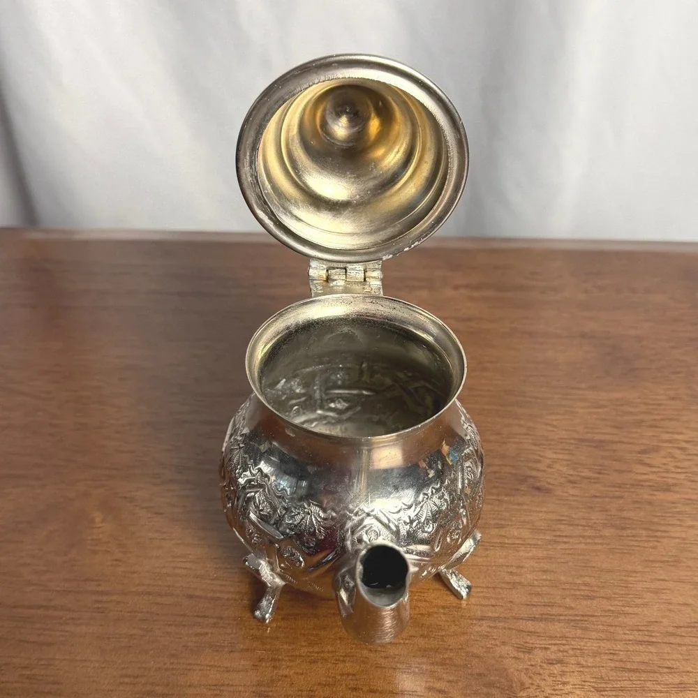 VTG Moroccan Silver Plate Teapot Repousse Footed Fez Style Wood Finial Signed